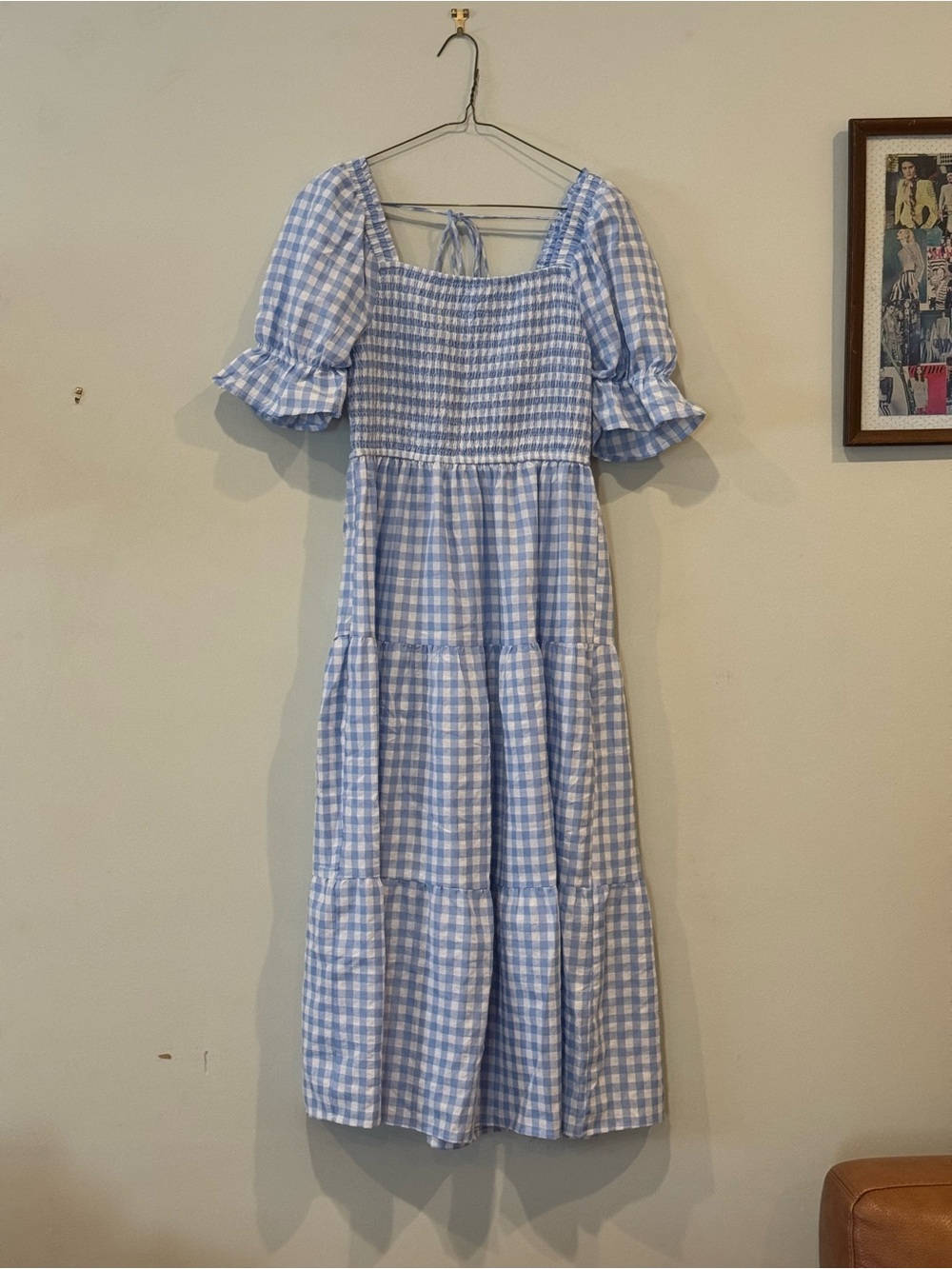 Blue Gingham Midi Dress with Smocked Bodice